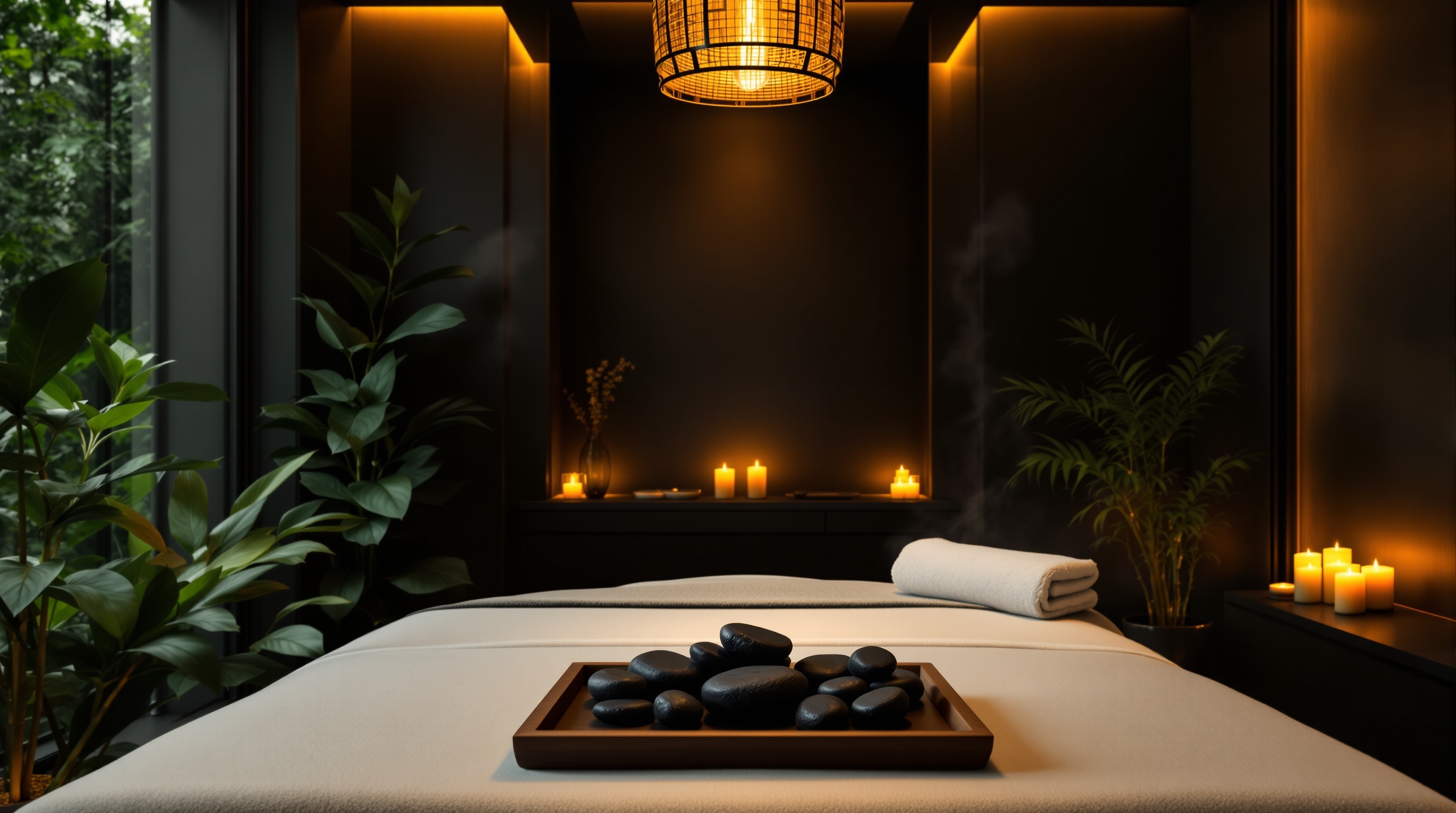 Gemütlicher abgedunkelter Spa-Raum mit Kerzen, Pflanzen und Massagetisch